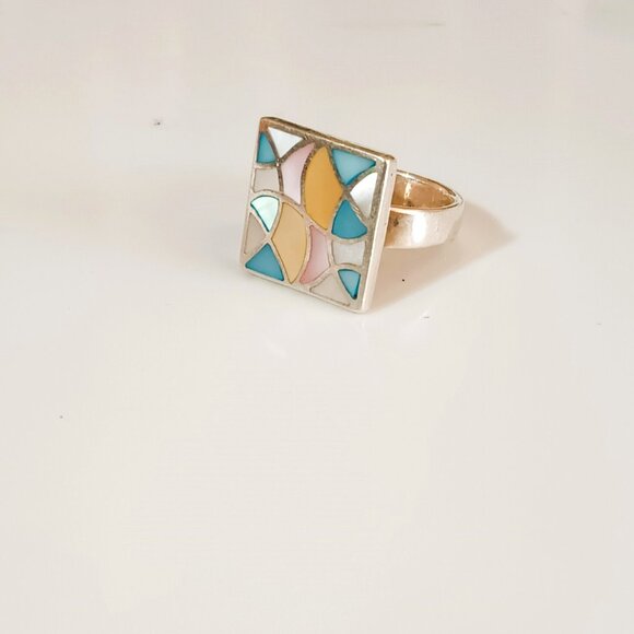 925 Square Inlaid Mosaic Ring 7.75 Sterling Silver Pastel Mother of Pearl Ring - Picture 1 of 11